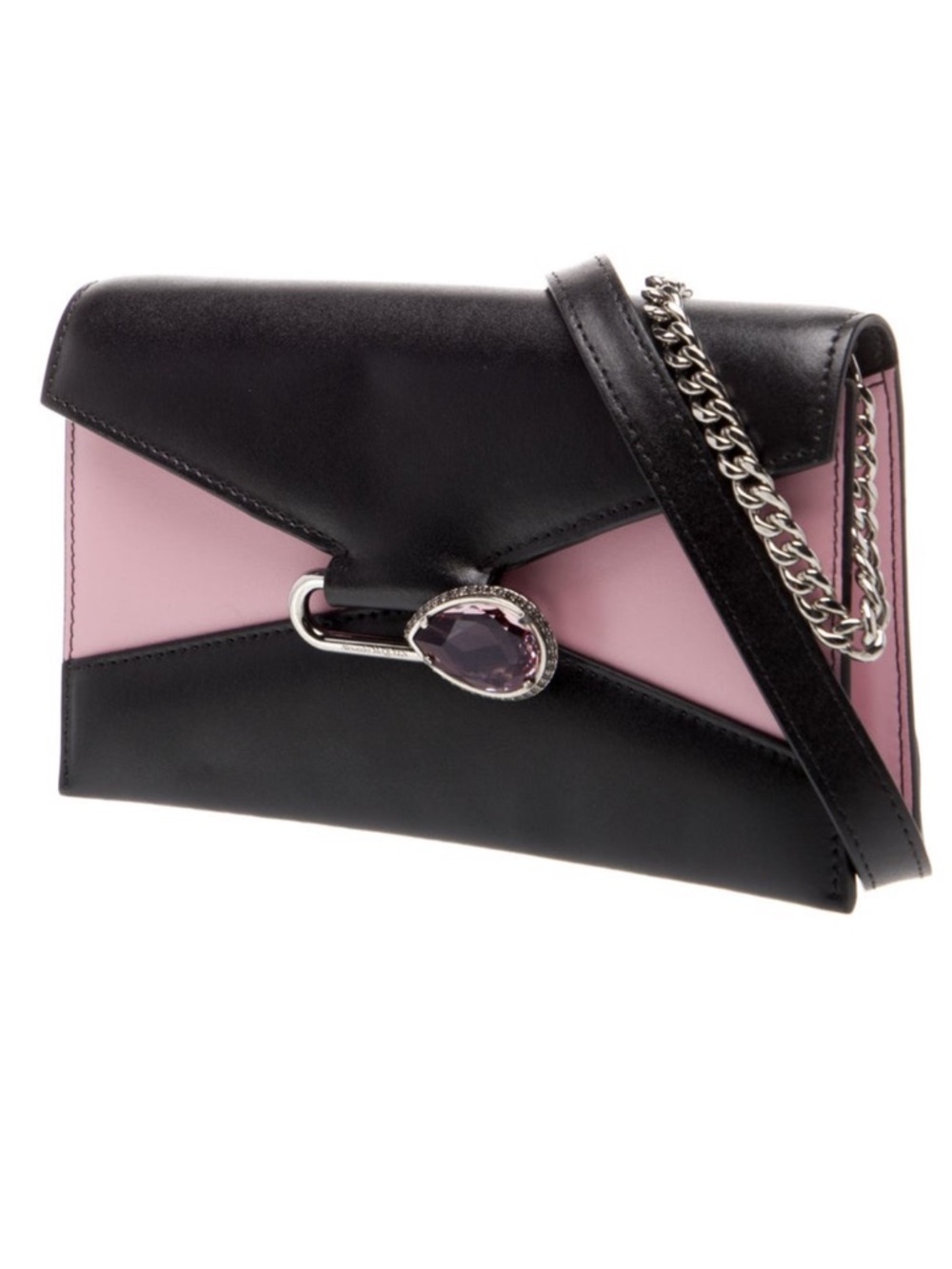 Alexander McQueen Black & Pink Leather Chain-Strap Crossbody with Gem Accent